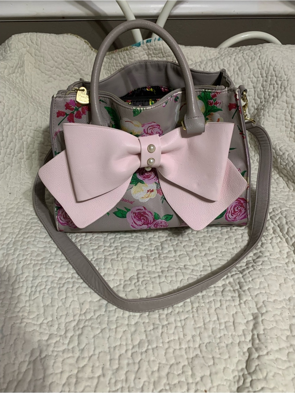 Betsey Johnson Ready Set Bow Floral Satchel Crossbody Bag Fair